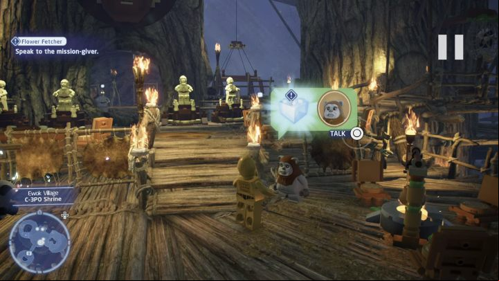 As a Protocol Droid, talk to the NPC and accept the task - LEGO Skywalker Saga: Flower Fetcher - walkthrough - Endor - the ewok village - LEGO Skywalker Saga Guide