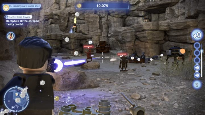 Defeat all 3 of the faulty droids you previously brought to Tatooine, then proceed to the next search area - LEGO Skywalker Saga: Battle Droid Royale - walkthrough - Tatooine - the desert of Jundland - LEGO Skywalker Saga Guide