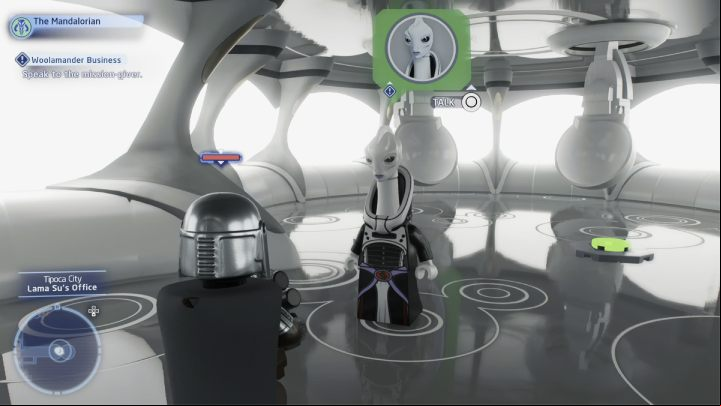 As the Bounty Hunter, talk to the quest giver and accept the quest - LEGO Skywalker Saga: Woolamander Business - walkthrough - Kamino - the city of Tipoca - LEGO Skywalker Saga Guide