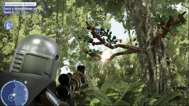 To catch the bird, you have to shoot the branches it's currently sitting on - LEGO Skywalker Saga: Woolamander Business - walkthrough - Kamino - the city of Tipoca - LEGO Skywalker Saga Guide