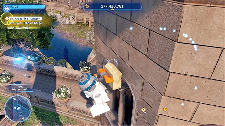 Head to the tower from picture 1, adjacent to the collectible icon - LEGO Skywalker Saga: Theed - list of all puzzles - Naboo - LEGO Skywalker Saga Guide