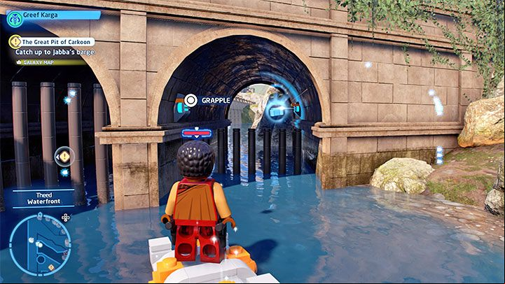 Switch to a character that wields the Force to pick up one of the nearby boxes and place it in the water near the bridge (picture 1) - LEGO Skywalker Saga: Theed - list of all puzzles - Naboo - LEGO Skywalker Saga Guide