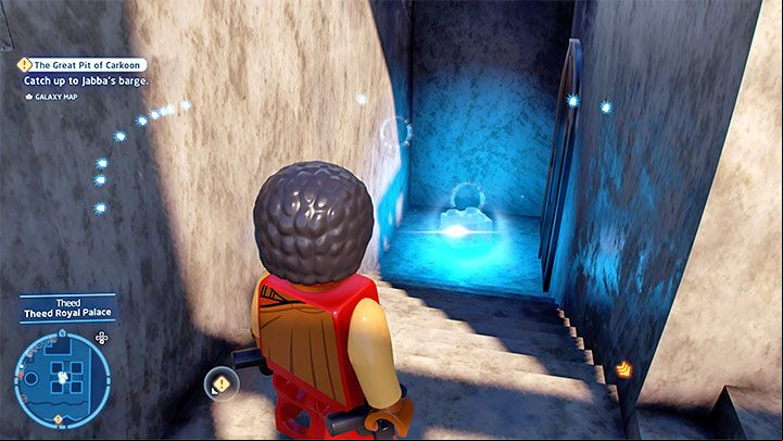 On the next roof, you will find a ladder - use it to get closer to the brick - LEGO Skywalker Saga: Theed - list of all puzzles - Naboo - LEGO Skywalker Saga Guide