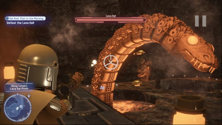 When the combat begins, shoot the eel as it emerges from the 3 holes - LEGO Skywalker Saga: Eel Feel That in the Morning - walkthrough - Takodana - Maz Castle - LEGO Skywalker Saga Guide