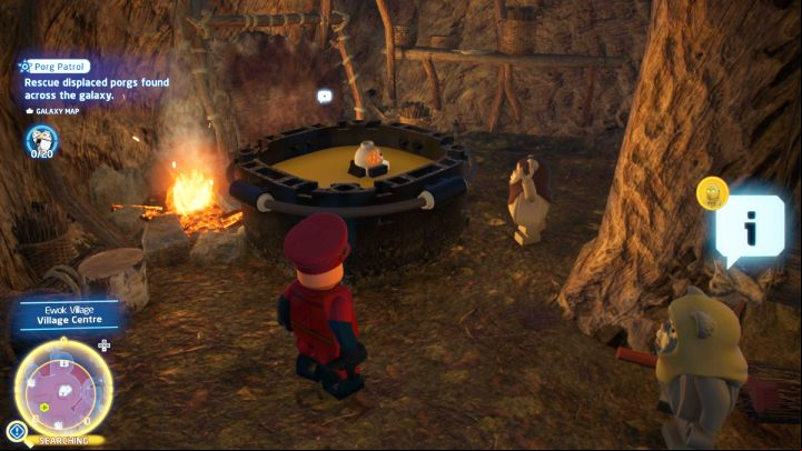 The porg is in a pot of soup in one of the huts in the center of the village - LEGO Skywalker Saga: Porg Patrol - walkthrough - Challenges - LEGO Skywalker Saga Guide