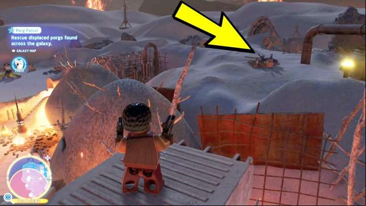 The porg is on the roof of the building - LEGO Skywalker Saga: Porg Patrol - walkthrough - Challenges - LEGO Skywalker Saga Guide
