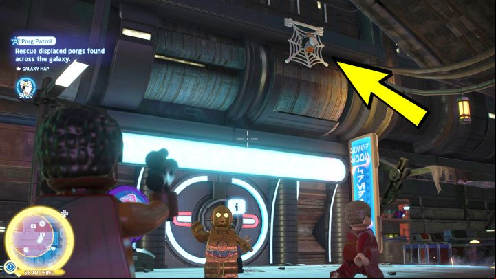The porg is trapped in a spider web on the building's wall - LEGO Skywalker Saga: Porg Patrol - walkthrough - Challenges - LEGO Skywalker Saga Guide