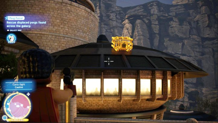 The porg is in a golden cage, on the casino's roof - LEGO Skywalker Saga: Porg Patrol - walkthrough - Challenges - LEGO Skywalker Saga Guide