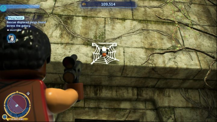 The porg is trapped in a spider web on the outer wall of the temple - LEGO Skywalker Saga: Porg Patrol - walkthrough - Challenges - LEGO Skywalker Saga Guide
