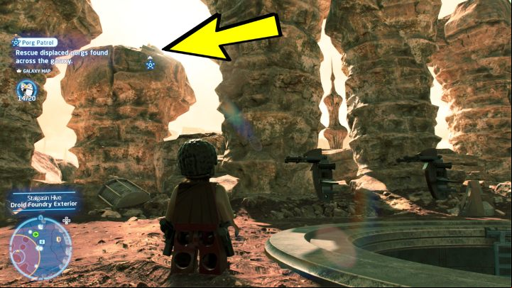 The porg is on one of the rock pillars at the entrance to the droid factory - LEGO Skywalker Saga: Porg Patrol - walkthrough - Challenges - LEGO Skywalker Saga Guide