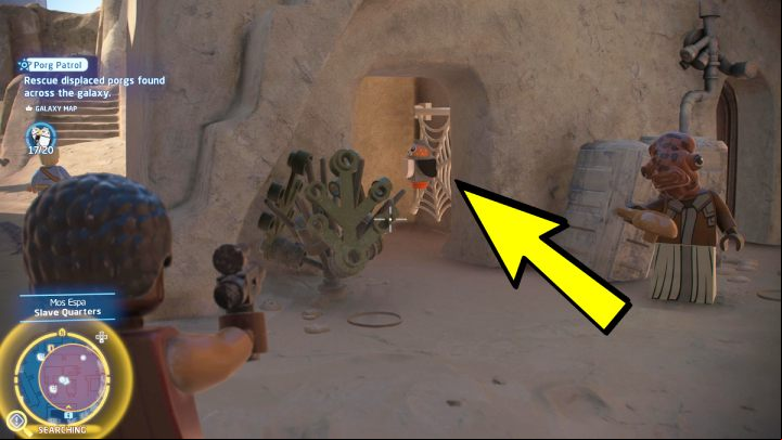 The porg is in the spider web in one of the buildings - LEGO Skywalker Saga: Porg Patrol - walkthrough - Challenges - LEGO Skywalker Saga Guide