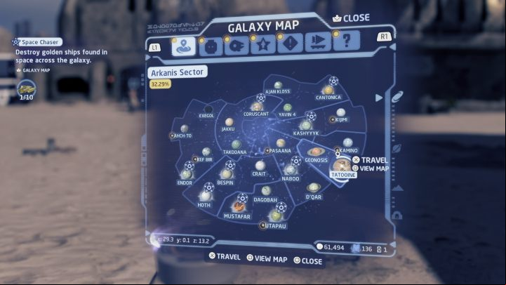 The Space Chaser challenge requires you to destroy 10 golden ships scattered all around the galaxy - LEGO Skywalker Saga: Space Chaser - walkthrough - Challenges - LEGO Skywalker Saga Guide