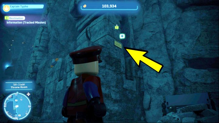 The plaque is hanging high up on the wall, by the throne - LEGO Skywalker Saga: Contingency Curioso - walkthrough - Challenges - LEGO Skywalker Saga Guide