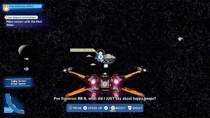 You begin Episode 8 controlling Poe Dameron's ship in D'Qar orbit - LEGO Skywalker Saga: Damerons Defiance - walkthrough - Episode 8 - The Last Jedi - LEGO Skywalker Saga Guide