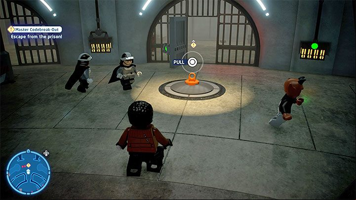 You'll retrieve your grapple hook you must use to pull open the hatch above - it's in the central corridor between the cells - LEGO Skywalker Saga: Master Codebreak-Out - walkthrough - Episode 8 - The Last Jedi - LEGO Skywalker Saga Guide