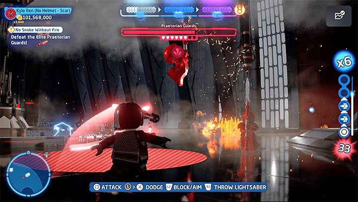 The Praetorians have access to some strong attacks - avoid the red lines and circles by jumping to the side - LEGO Skywalker Saga: No Snoke Without Fire - walkthrough - Episode 8 - The Last Jedi - LEGO Skywalker Saga Guide