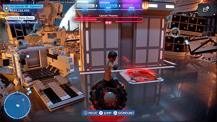 Under the ledge where Phasma is located, you'll find a sphere (screenshot 1) Jump on it and drive it to the nearby slot (screenshot 2) Captain Phasma will take damage again, and thus begins phase 2 of the encounter - LEGO Skywalker Saga: Chrome Dome Down - walkthrough - Episode 8 - The Last Jedi - LEGO Skywalker Saga Guide