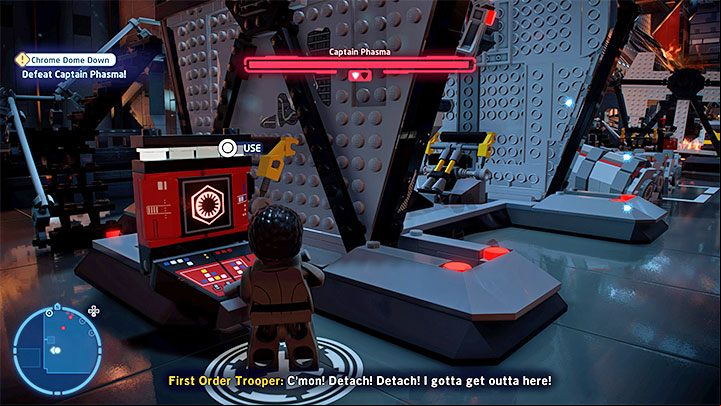 First, run to the left and, playing as Finn, interact with the red terminal shown in the picture - LEGO Skywalker Saga: Chrome Dome Down - walkthrough - Episode 8 - The Last Jedi - LEGO Skywalker Saga Guide