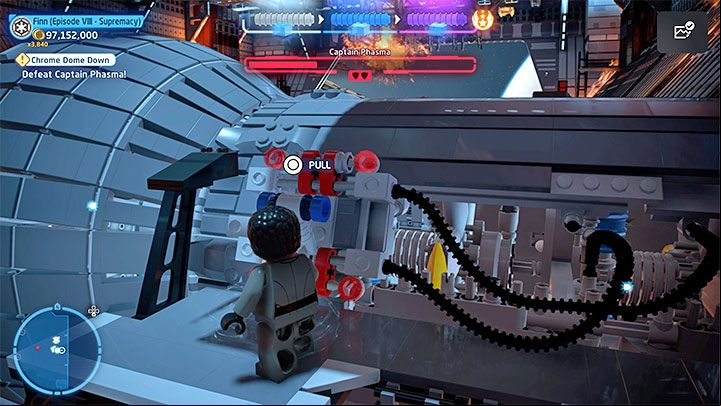Finally, find the ladder shown in picture 1 to the right of the shelf where Phasma is located - LEGO Skywalker Saga: Chrome Dome Down - walkthrough - Episode 8 - The Last Jedi - LEGO Skywalker Saga Guide