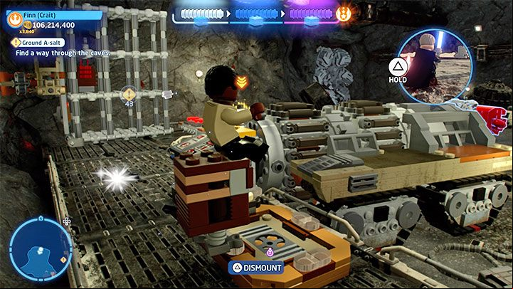 There is a object near one of the walls (screenshot 1) Stand on the button marked in the screenshot to activate a small machine that can be mounted - LEGO Skywalker Saga: Ground A-salt - walkthrough - Episode 8 - The Last Jedi - LEGO Skywalker Saga Guide