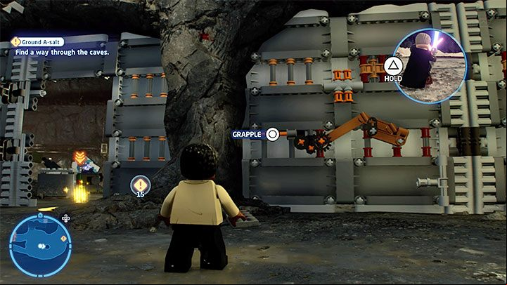 The second variant involves examining the lower area and grabbing the hook on the right presented in picture 1 - LEGO Skywalker Saga: Ground A-salt - walkthrough - Episode 8 - The Last Jedi - LEGO Skywalker Saga Guide