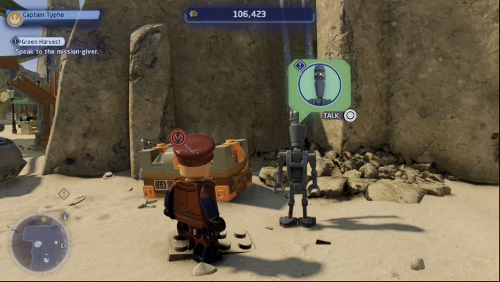 Accept the quest from the quest giver in Mos Eisley - LEGO Skywalker Saga: Green Harvest - walkthrough - Tatooine - Mos Eisley - LEGO Skywalker Saga Guide