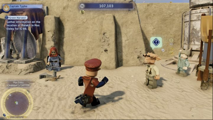 Go to the search area and talk to the city dweller standing by the stalls - LEGO Skywalker Saga: Green Harvest - walkthrough - Tatooine - Mos Eisley - LEGO Skywalker Saga Guide