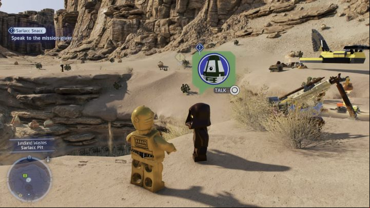 Assume control of a protocol droid and talk to the quest giver in Jundland desert - LEGO Skywalker Saga: Sarlacc Snacc - walkthrough - Tatooine - the desert of Jundland - LEGO Skywalker Saga Guide