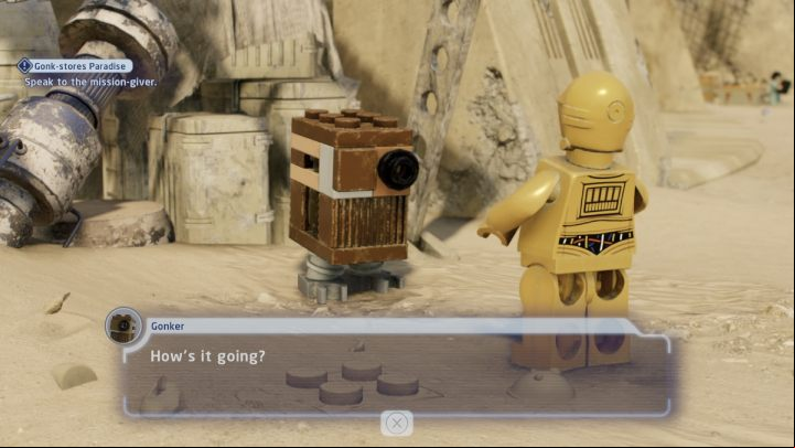 Talk to the questgiver in Mos Eisley while controlling a protocol droid - LEGO Skywalker Saga: Gonk-stores Paradise - walkthrough - Tatooine - Mos Eisley - LEGO Skywalker Saga Guide