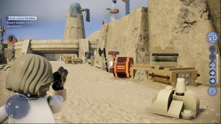 Switch characters to someone with a ranged weapon and follow Gonker - LEGO Skywalker Saga: Gonk-stores Paradise - walkthrough - Tatooine - Mos Eisley - LEGO Skywalker Saga Guide