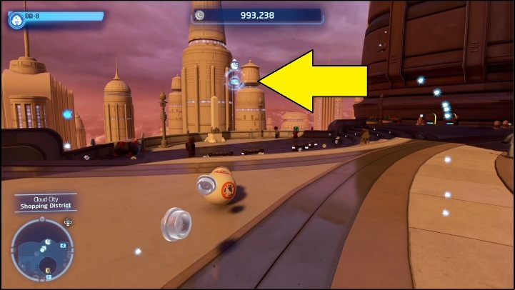 The collectible is hanging in the air at the northern end - LEGO Skywalker Saga: Cloud City - list of all puzzles - Bespin - LEGO Skywalker Saga Guide