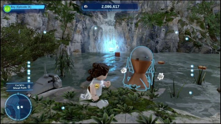 This Kyber brick is on the beam by the waterfall - LEGO Skywalker Saga: Kachirho - list of puzzles - Kashyyyk - LEGO Skywalker Saga Guide