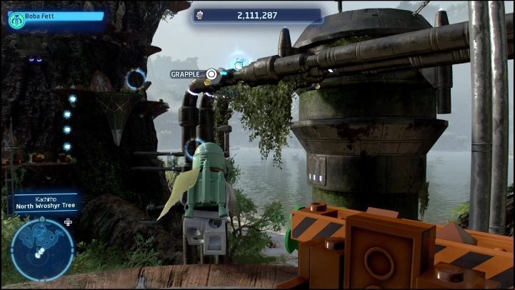 To get this brick, you need a character with a grappling hook (so either an Astromech Droid or a Bounty Hunter) - LEGO Skywalker Saga: Kachirho - list of puzzles - Kashyyyk - LEGO Skywalker Saga Guide