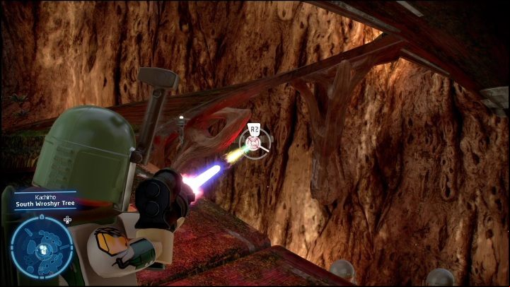 To open the cage containing this brick, you have to shoot the 4 red and white targets - LEGO Skywalker Saga: Kachirho - list of puzzles - Kashyyyk - LEGO Skywalker Saga Guide