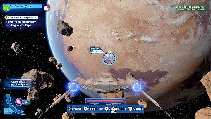 You are now in outer space - your task will be to make an emergency landing on Mos Espa - LEGO Skywalker Saga: The Boonta Eve Classic - walkthrough - Episode 1 - The Phantom Menace - LEGO Skywalker Saga Guide