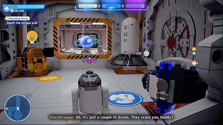 In the second part of the level, the playable characters will be C-3PO and R2-D2 - the objective is to reach the Escape Pod - LEGO Skywalker Saga: Boarding Party - walkthrough - Episode 4 - A New Hope - LEGO Skywalker Saga Guide