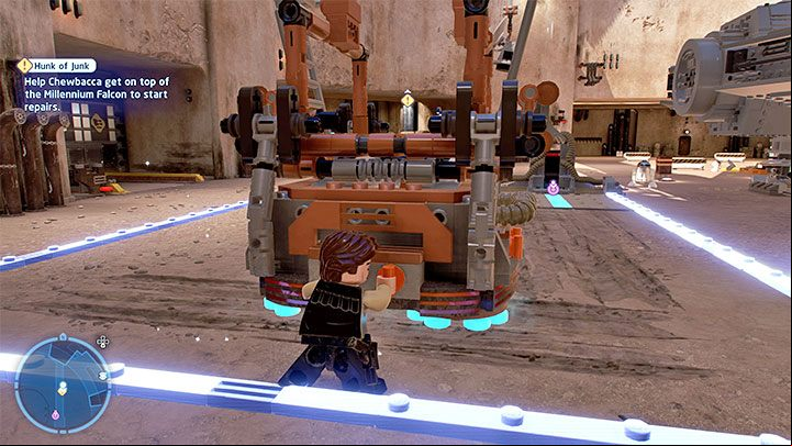 Approach the levitating platform shown in the picture above, which you will find near the ship - LEGO Skywalker Saga: Hunk of Junk - walkthrough - Episode 4 - A New Hope - LEGO Skywalker Saga Guide