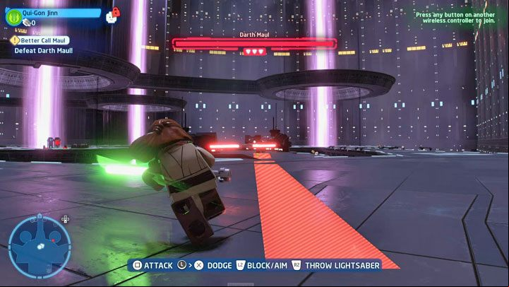 An important element of this duel is to avoid strong attacks of Darth Maul, which are marked with red stripes - LEGO Skywalker Saga: Darth Maul - boss, how to beat? - Bosses - LEGO Skywalker Saga Guide