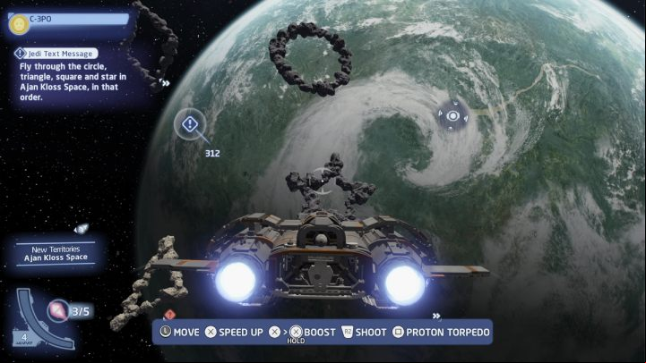 Go to the local space of the planet Ajan Kloss and fly to the mission objective - LEGO Skywalker Saga: Jedi Text Message - walkthrough - Ajan Kloss - resistance camp - LEGO Skywalker Saga Guide