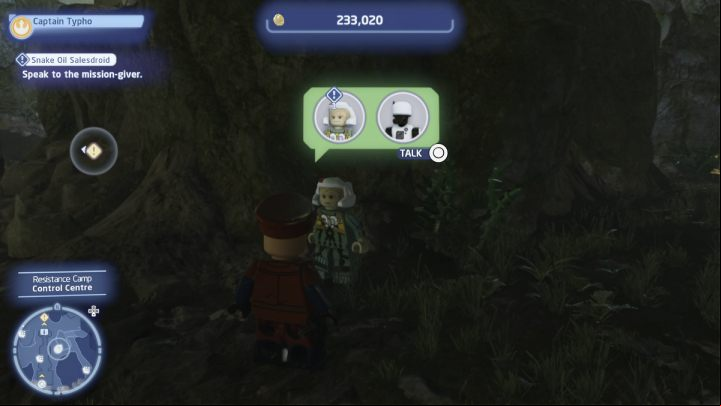 Talk to the quest giver in the resistance base on the planet Ajan Kloss and accept the quest - LEGO Skywalker Saga: Snake Oil Salesdroid - walkthrough - Ajan Kloss - resistance camp - LEGO Skywalker Saga Guide
