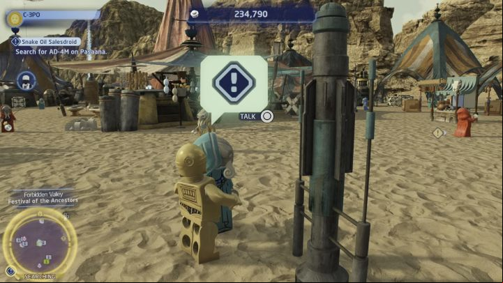 Go to the search area and talk to the festival participants as the Protocol Droid - LEGO Skywalker Saga: Snake Oil Salesdroid - walkthrough - Ajan Kloss - resistance camp - LEGO Skywalker Saga Guide
