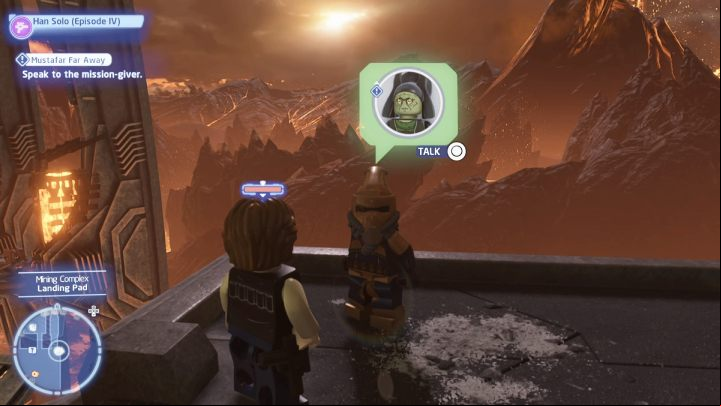 As a scoundrel, talk to the quest giver and accept the quest - LEGO Skywalker Saga: Mustafar Far Away - walkthrough - Mustafar mine complex - LEGO Skywalker Saga Guide