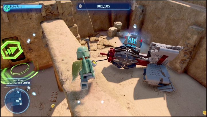 The brick is locked in a chest, in the south-eastern part of the map - LEGO Star Wars The Skywalker Saga: Mos Eisley - list of all puzzles - Tatooine - LEGO Skywalker Saga Guide