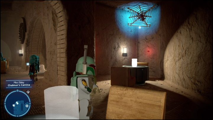 The brick is hidden inside the building, in a gap on the left - LEGO Star Wars The Skywalker Saga: Mos Eisley - list of all puzzles - Tatooine - LEGO Skywalker Saga Guide