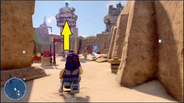 The brick is at the top of a tower you can reach using a grappling hook (a bounty hunter or an astromech droid) - LEGO Star Wars The Skywalker Saga: Mos Eisley - list of all puzzles - Tatooine - LEGO Skywalker Saga Guide
