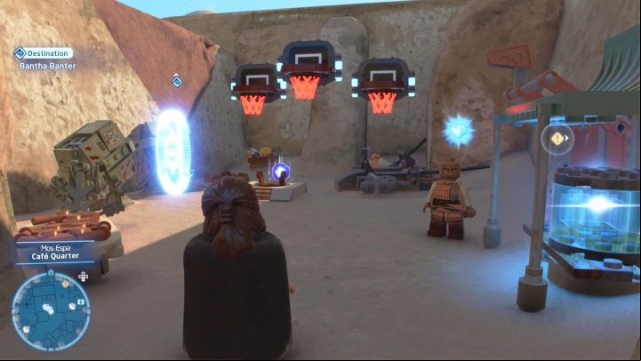 To start the game of Booma Ball, you need to enter the blue marker next to the baskets in Cafe Quarter in the north-eastern part of Mos Espa - LEGO Skywalker Saga: Bantha Banter - walkthrough - Trials - LEGO Skywalker Saga Guide