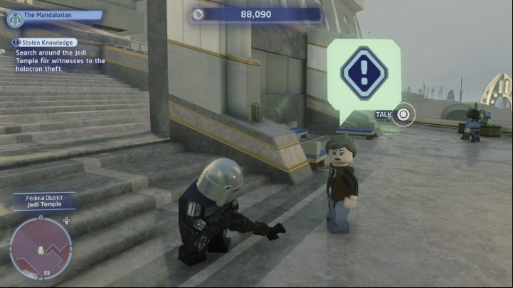 Talk to the man at the Jedi Temple exit and the woman standing near the taxi - LEGO Skywalker Saga: Stolen Knowledge - walkthrough - Coruscant - federal district - LEGO Skywalker Saga Guide