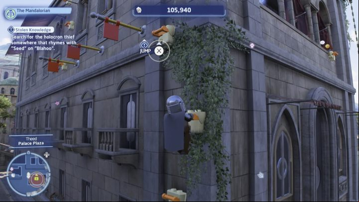 Get on the roof of the building where the thief is - LEGO Skywalker Saga: Stolen Knowledge - walkthrough - Coruscant - federal district - LEGO Skywalker Saga Guide