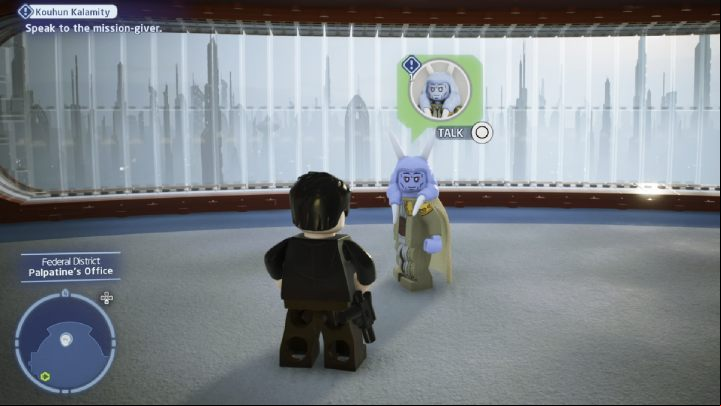 Talk to the quest giver in Palpatine's office and accept the task - LEGO Skywalker Saga: Kouhun Kalamity - walkthrough - Coruscant - federal district - LEGO Skywalker Saga Guide