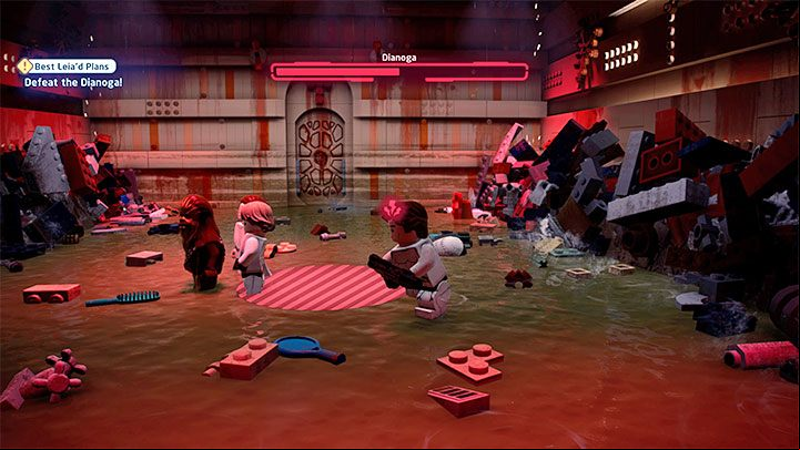 In the second stage of the duel you have to avoid the red circles on the ground that symbolize even more attempts of catching the hero - LEGO Skywalker Saga: Best Leiad Plans - walkthrough - Episode 4 - A New Hope - LEGO Skywalker Saga Guide
